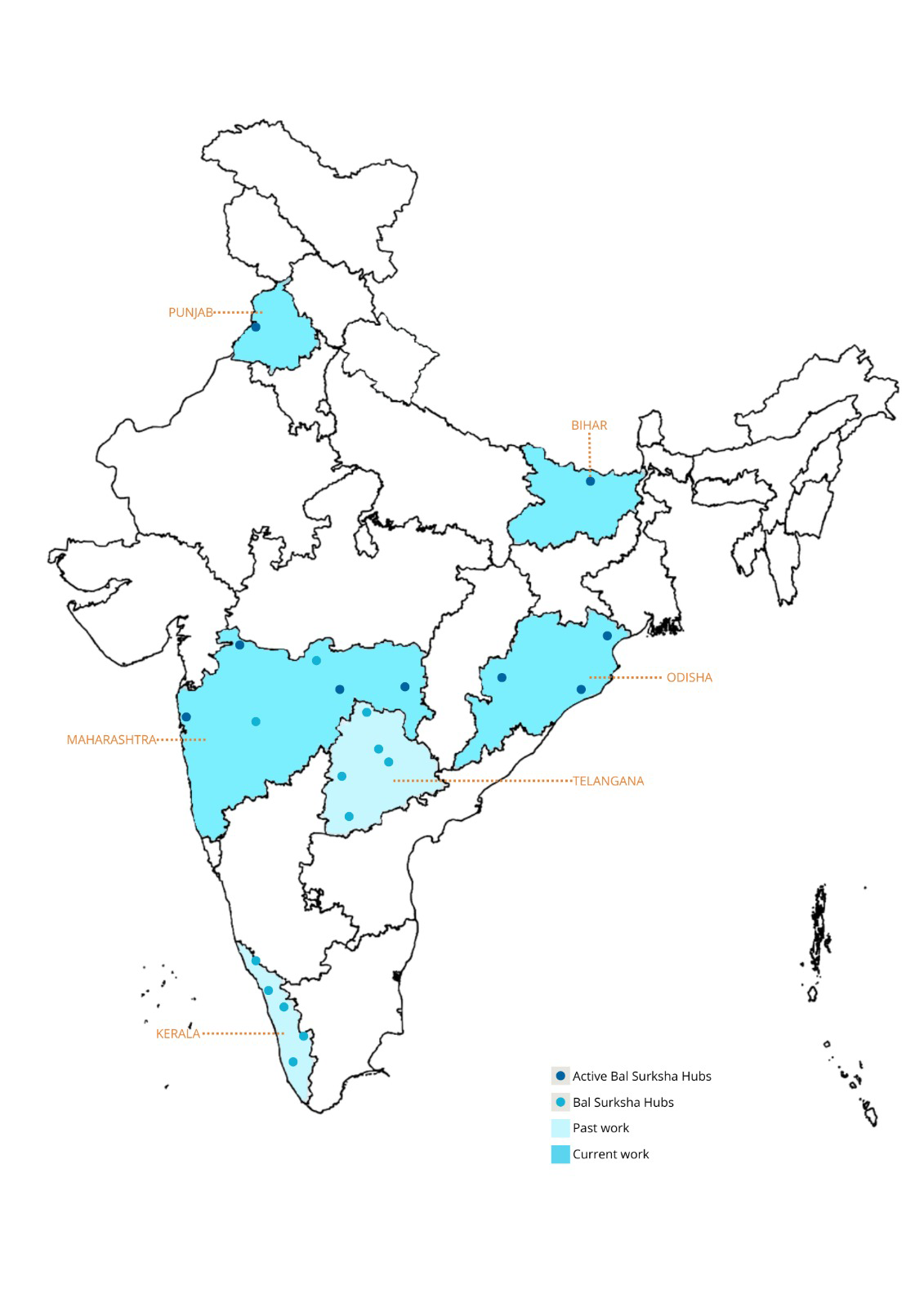 Map showing Leher's child protection work across Indian states