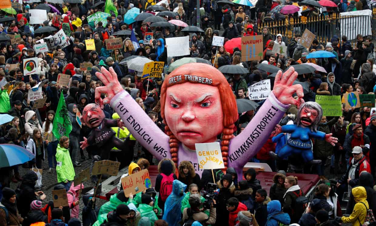 A large float featuring of climate activist Greta Thunberg at the annual Rose Monday Carnival parade in Dusseldorf, Germany. Photo courtesy-The Guardian